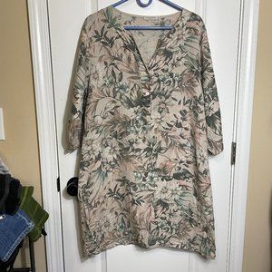 Stella Martini Linen Floral Print 3/4 Sleeve Popover Dress Tunic XL